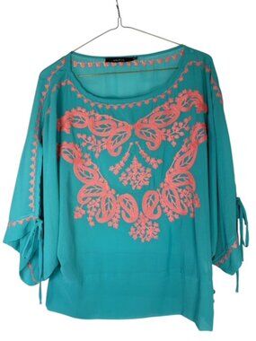 Ark & Co Women's Boho Peasant/ Dolman Blouse teal and coral blouse size M